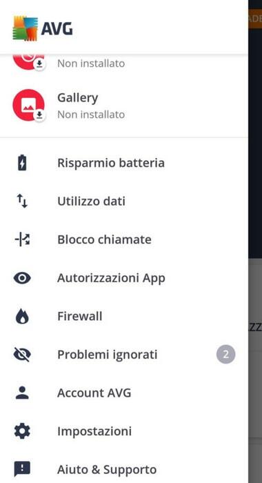 AVG antivirus funzioni disponibili dal menu iniziale