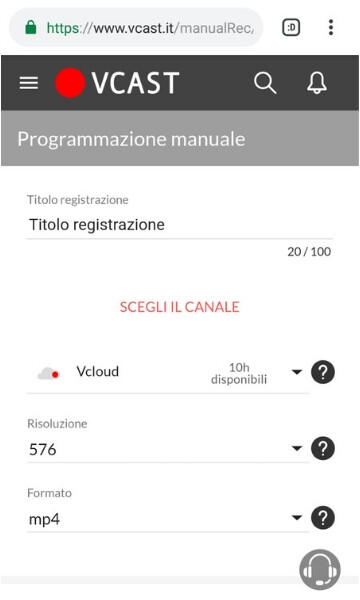 vcast registrazione manuale
