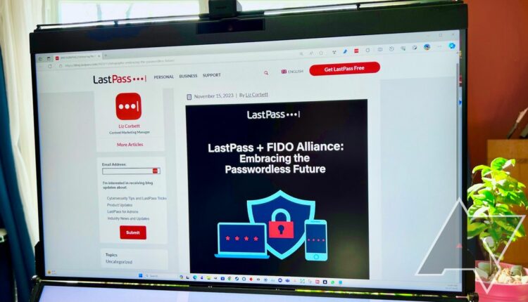 a-computer-screen-in-front-of-a-glowing-window-shows-a-lastpass-blog-post-about-the-fido-alliance
